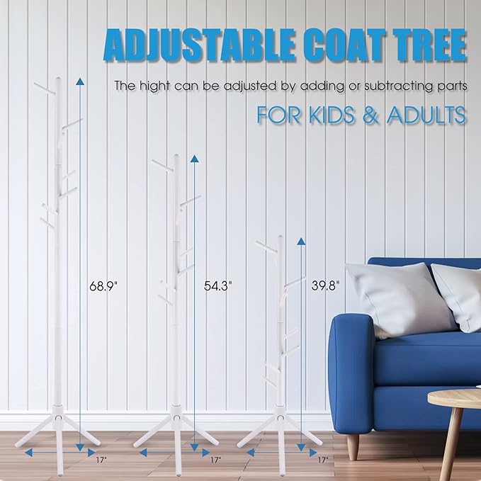 Wood Coat Rack Freestanding, Adjustable Hall Tree Coat Rack Stand with 3 Sections & 8 Hooks Easy to Assemble, Kids Coat Hanger Rack Entryway Corner Office Clothes Rack (White-Triangle)