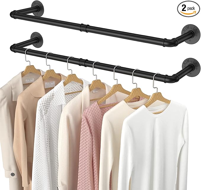 Elibbren 2 Pack Clothing Rack Wall Mount, Industrial Pipe Clothes Rack 38.4IN,Heavy Duty Iron Garment Rack Bar for Closet,Laundry Room, Multi Purpose Hanging Rod,Black