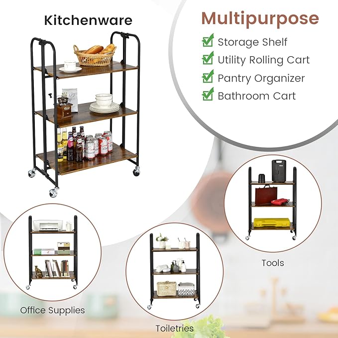 Giantex Foldable Storage Shelves with Wheels, No Assembly 3-Tier Rolling Cart, 2 of The Wheels Have Locks, Microwave Utility Cart Baker Rack, Portable Storage Rack w/Metal Frame, for Kitchen, RV
