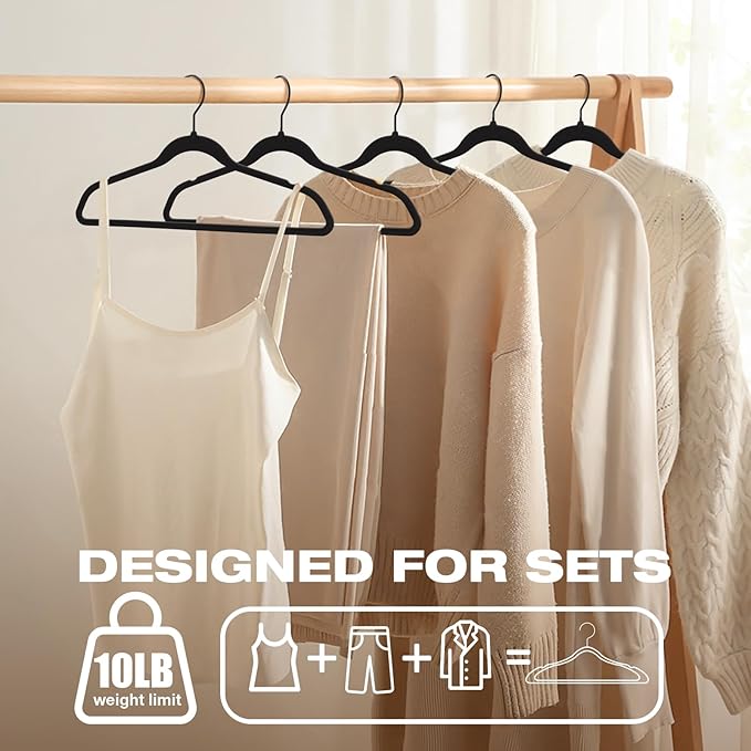 50 Pack Black Velvet Hangers,Coat Hanger Non Slip,Heavy-Duty,Space Saving,Slim Clothes Hangers for Pants,Outfit,Skirts,Suits,Coats,Dresses ect.Felt Hanger with Black 360°Swivel Hook