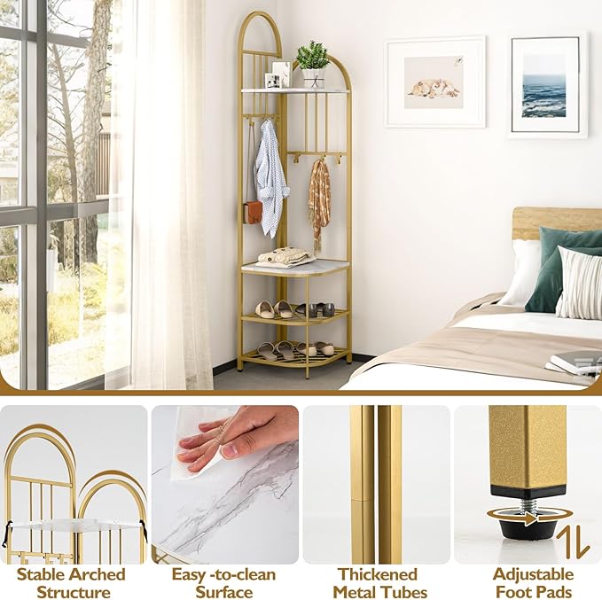 Tangkula Corner Hall Tree, 71 Inch Tall Entryway Coat Rack with Shoe Bench & 4 Storage Shelves, 6 Movable Hooks, Freestanding Metal Corner Clothes Rack for Bedroom Hallway Living Room
