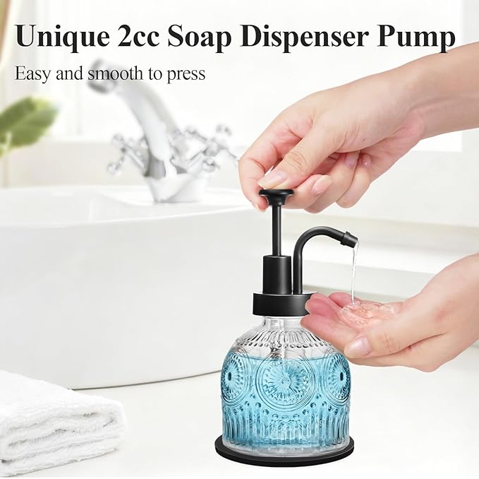 SheeChung Vintage Soap Dispenser, Kitchen Dish Soap Dispensers with Pump Mat, Glass Hand Soap Dispenser for Bathroom, Liquid, Lotion, Refillable, Rustic Farmhouse Decor-Clear (Black Pump, 1 pk)