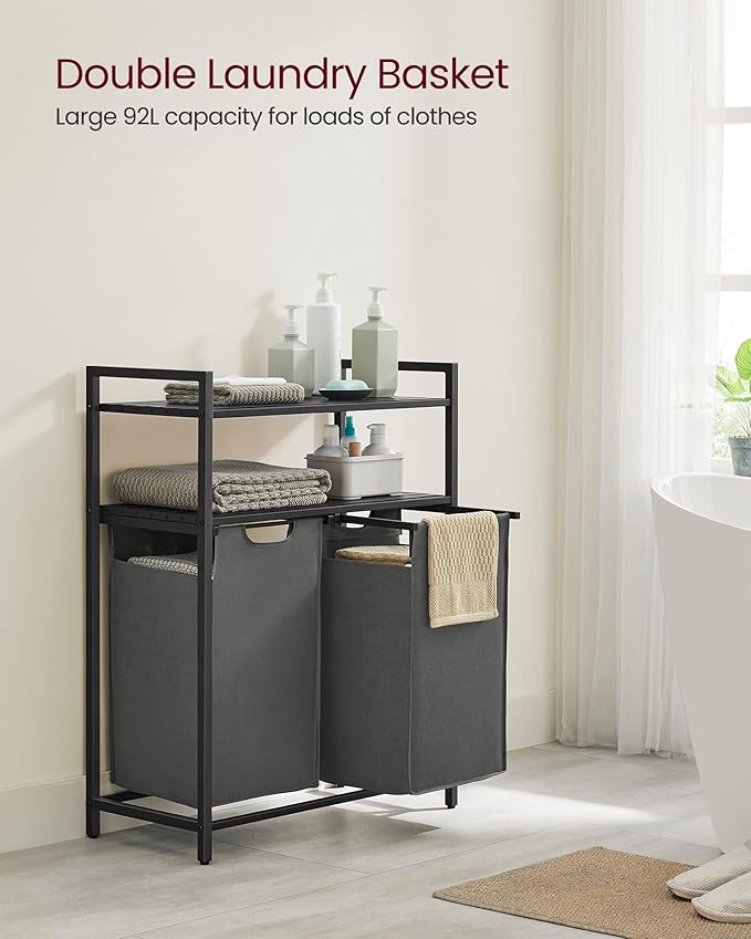 VASAGLE Laundry Hamper, Laundry Basket, Laundry Sorter with 2 Pull-Out and Removable Bags, 2 Shelves, 12.1 Gal (46L) Capacity per Bag, for Laundry Room, Black and Gray UBLH211G01