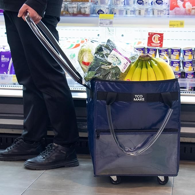 (Small, DK Blue) Reusable Grocery Bag on Wheels, Rolling Shopping Bags with Wheels and Handle, Folding Rolling Tote Trolley, Zipper Cover, Carries Up to 22 LBS, Easy Transportation