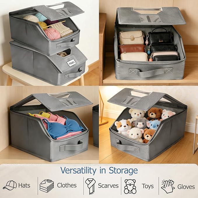 2 Pcs Stackable Baseball Cap Organizer, Washable Odorless Oxford Cloth with Smooth Durable Metal Zipper, Clear Window Holds 24 Caps, Hat Box for Closet/Home (Grey, Small 12.1 x 8.7 x 6.7 inches)