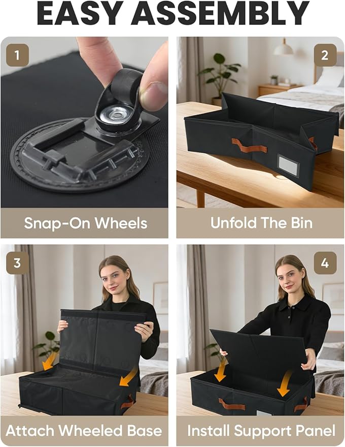 2-Pack Under Bed Storage with Wheels and 6 Vacuum Seal Bags, Adjustable Height 7.9"-10.2",63L Clear Lid Expandable Organizer for Bedding Blankets Clothes Shoes Toys,Space Saving Quick Assembly, Black