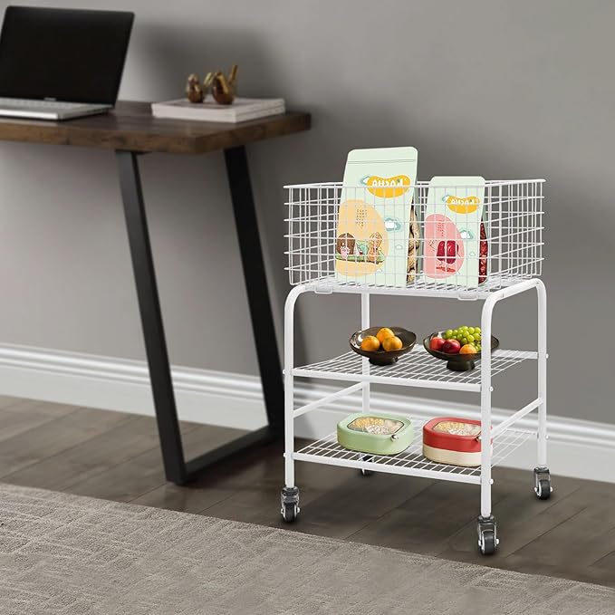Rolling Laundry Basket on Wheels, 3-Tier Garment Storage Cart, Metal Wire Laundry Hamper Cart for Laundry Room, Bathroom, Bedroom (White)