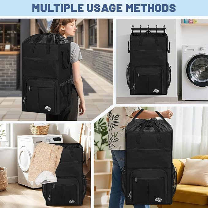 95L Laundry Backpack Bag with 3 Sizes Mesh Wash Bags Empty, Extra Large 2 in 1 Laundry Hamper Basket with Shoulder Straps, Freestanding Laundry Bag for College Dorm, Laundromat, Apartment (Black)