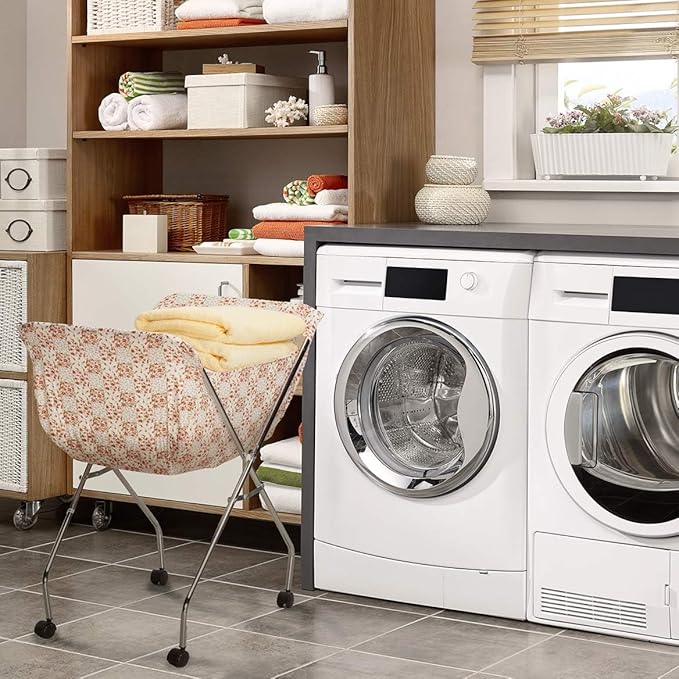 Miles Kimball Laundry Cart Liner - White Floral Pattern - Heavy Cotton - Drawstring Closure - 8" x 19" - 12" Deep - Pockets - Modern Style - Laundry Room