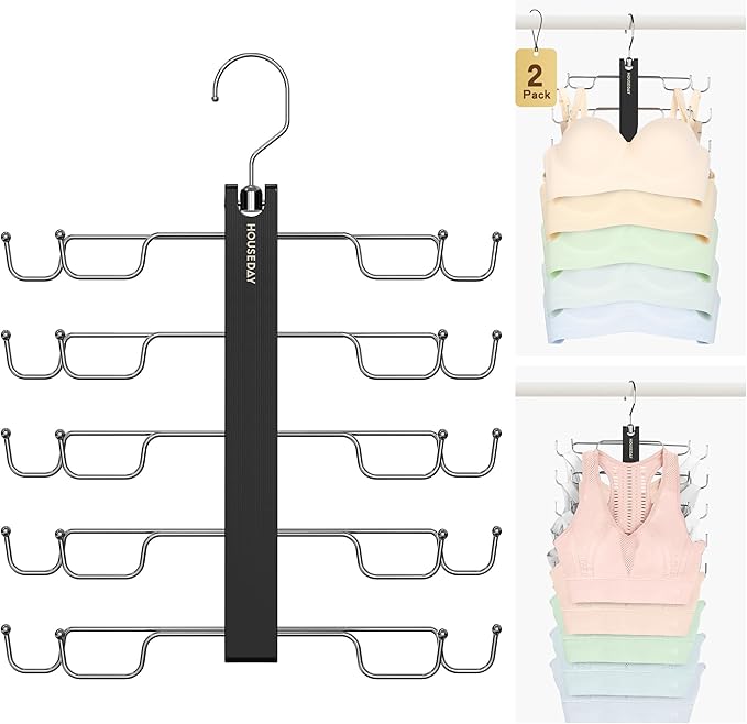HOUSE DAY Tank Top Hanger, Dual-Row 5 Tier Space Saving Bra Hanger, Premium Lotus Wood Non-Slip Hangers with 360° Swivel Hooks, Closet Organizer for Sports Bras & Tank Tops, Cami (Black 2 Pack)