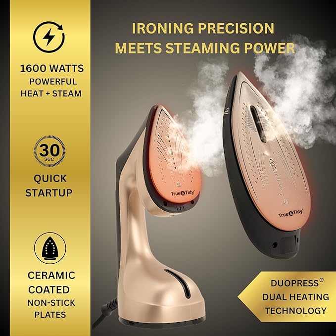 True & Tidy DuoPress XL 2-in-1 Clothes Steamer & Iron, 1600W Powerful Turbo Steam, Large Ceramic Plate, Smart Temperature Control, 3 Steam Modes