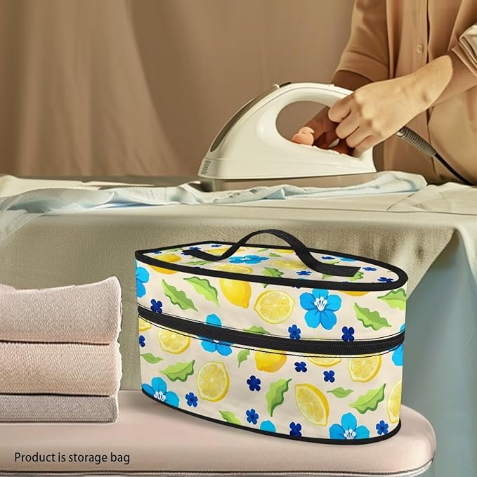 Lemon Blue Floral Iron Tote Bag Stain Resistant Travel Irons Storage Box Washable Protective Carrying Bag with Handle Compatible with Most Irons