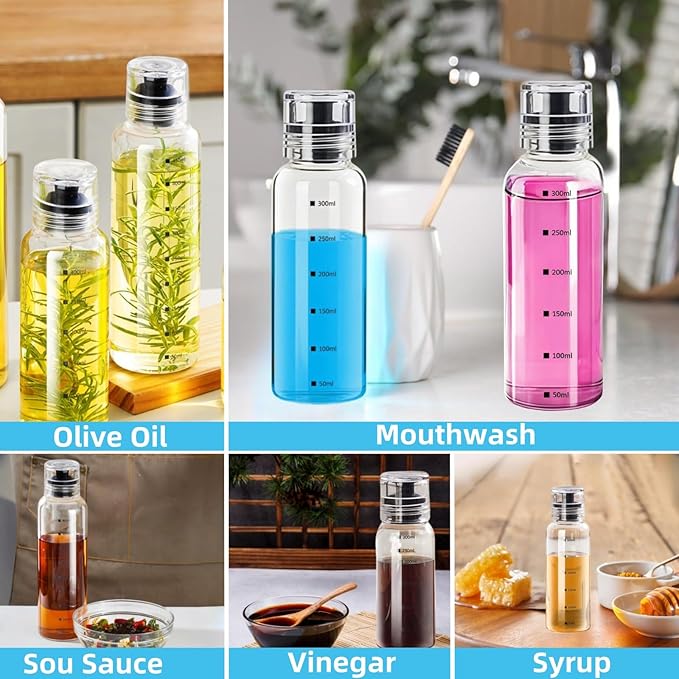 Glass Mouthwash Dispenser for Bathroom, 10.8oz Mouth Wash Container Bottle with Lid Cup, Refillable Glass Mouth Wash Decanter, Clear Mouth Wash Bottle for Countertop/6 Pcs Label-2 Pack