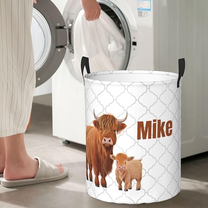 Personalized Laundry Basket for Nursery, Custom Nursery Laundry Hamper with Name, Customize Baby Clothes Circular Hamper for Boys Girls Room Decor, Highland Cow