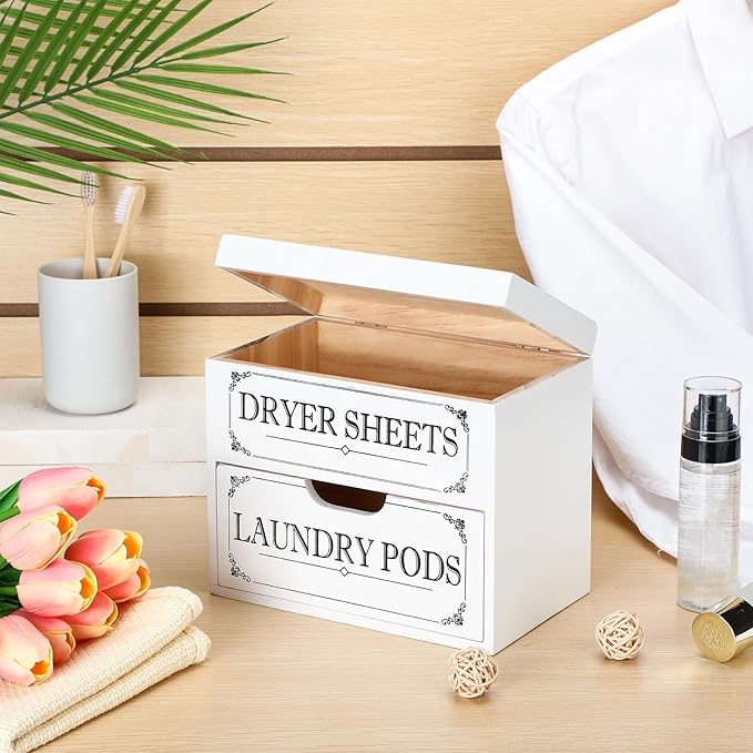 Tatuo Dryer Sheet Holder with Hinged Lid Farmhouse Dryer Sheet Dispenser Rustic Container Box Laundry Room Decor for Laundry Room Organization Fabric Pods, White