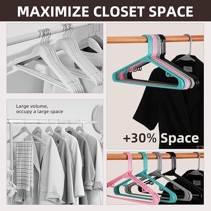 Plastic Hangers Without Notches 40 Pack - Space Saving, Sturdy with Built-in 2 Hooks for Closet Organization