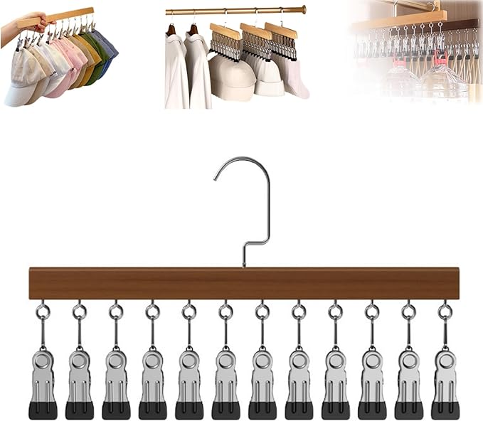 Closet Organizer with 10 Clips, Space Saving Hanging Closet Organizer, Space-Saving Hat Scarf Clothespins for Jeans Skirts Socks Pant Hangers with Clips (Vintage-12 Clips, 1PC)