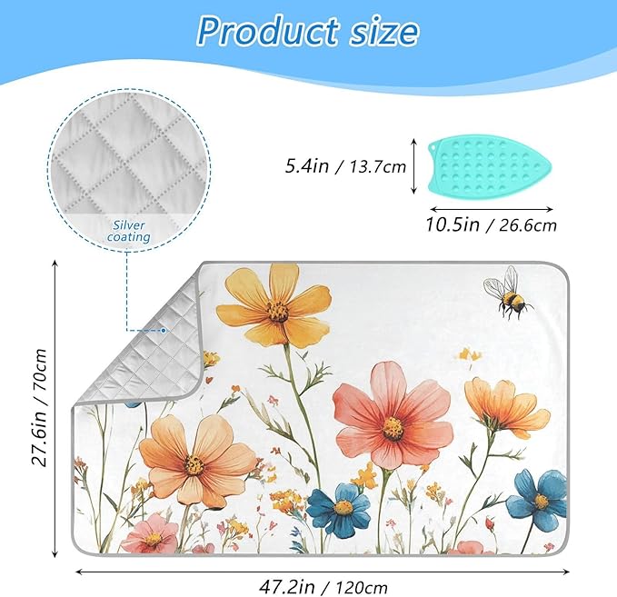 Ironing Mat &Pad Magnetic Heat Resistant Pads Portable Travel Ironing Blanket Ironing Board Covers 27.6x47.2Inches Red Wildflower Bees18