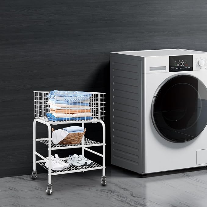Rolling Laundry Basket on Wheels, 3-Tier Garment Storage Cart, Metal Wire Laundry Hamper Cart for Laundry Room, Bathroom, Bedroom (White)