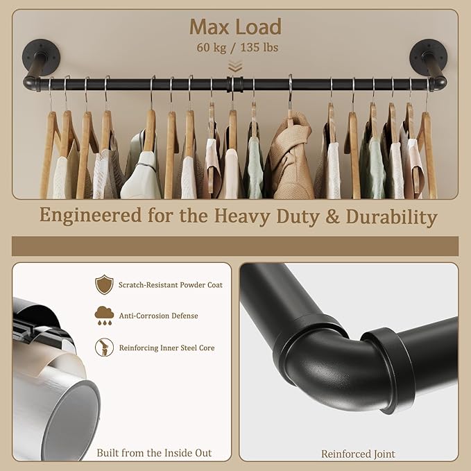 Wall Mounted Clothes Rack 2 Pack, Industrial Pipe Clothing Hanger 32 Inch Black, Heavy Duty Wall Mount Closet Rod for Bedroom, Entryway, Laundry Drying Rack, Retail Display Clothes Rod