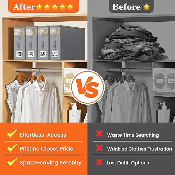 WOWBOX Sheet Organizers and Storage,Closet Bed Sheet Organizer Under Bed Storage and Organization with Label Cards & Clear Window for Bedding Sheets,Duvet Covers,Blankets (6 Pack，Gray)