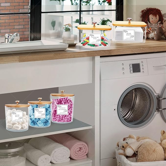4 Pack Laundry Room Organization Storage Containers Acrylic Jars and Dryer Sheet Holder with Lids and Labels for Laundry Detergent Laundry Pods Containers Dry Sheet Organizing