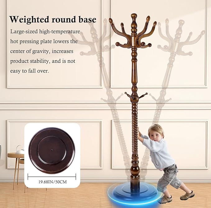 Wioao Coat Rack Stand, Solid Wooden Coat Tree with 11 Hooks, Heavy Duty Coat Rack Freestanding with Sturdy Round Base, Natural Birch Wood Coat Hanger Stand for Entryway Bedroom (brown circular)