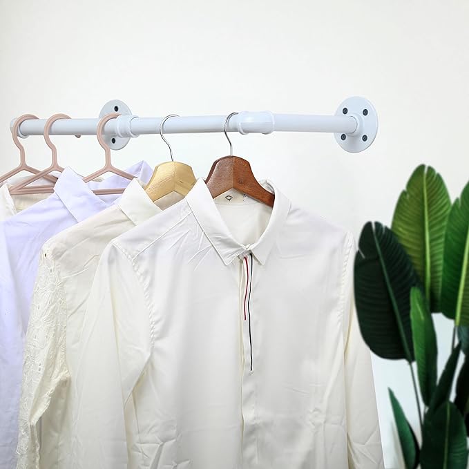 WEBI Clothing Rack Wall Mount White,24" Industrial Pipe Clothes Rack for Hanging Clothes,Heavy Duty Iron Garment Rack Bar,Retail Display Clothes Rod for Closet,Laundry Room
