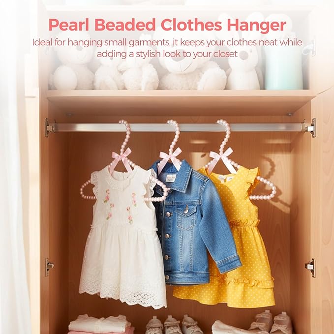 Pink 12 Pcs Pearl Beaded Clothes Hanger Mini Pearl Beads Small Metal Clothes Hangers with Ribbon Standard for Kids Baby Children Pet Dog