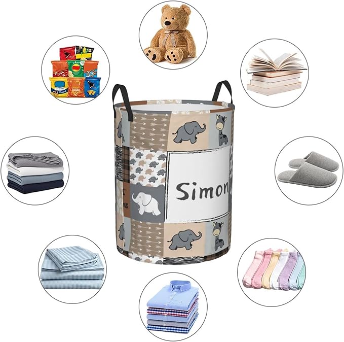 Jungle Animal Personalized Laundry Basket Name Clothes Hamper with Handles Waterproof Laundry Storage Baskets for Bedroom Bathroom Decor.