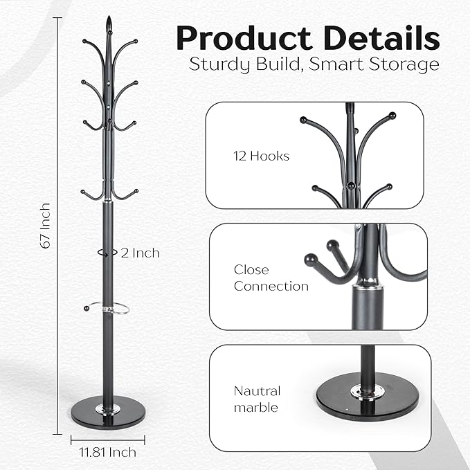 Modern Metal Coat Rack with Sturdy Natural Marble Base for Coat, Jacket, Hat, Cloths, Bags - Freestanding Coat Stand with 12 Hooks & Umbrella Holder for Entryway, Hallway, Corner, Office