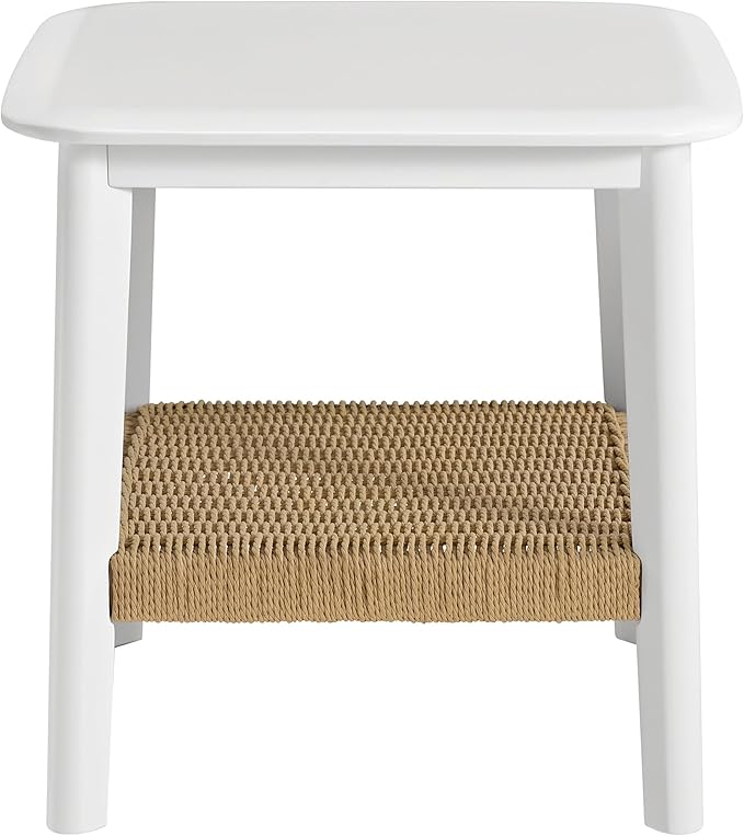 Alaterre Furniture Calais Side Table - 2-Tier Small End Table with Woven Storage Shelf - Wooden Nightstand for Small Spaces, Living Room, or Bedroom - Mid Century Modern Furniture (White)
