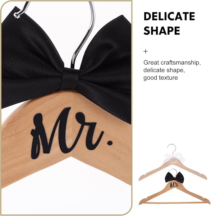 ABOOFAN Bride and Groom Hangers Set 2Pcs Wooden Wedding Dress Hanger with Bow Tie for Tuxedo Suit Bridal Party Shower Keepsake