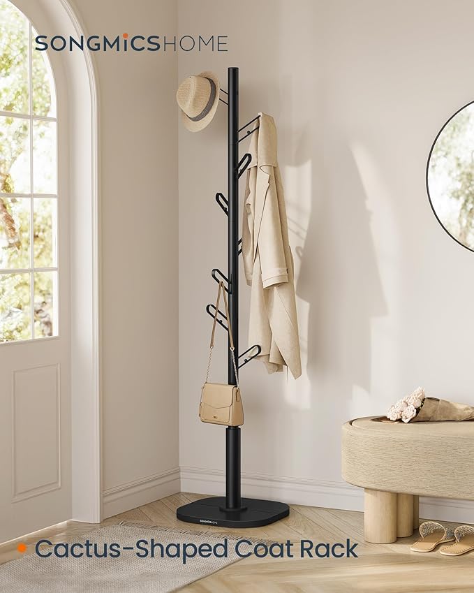 SONGMICS HOME Tree-Shaped Coat Rack, Freestanding Coat Tree, Coat Hanger Stand with 8 Sturdy Hooks, with Curved Edges, for Clothes, Hats, Bags, Ink Black URCR037B01