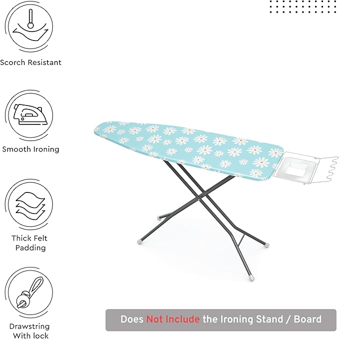 Encasa XO Ironing Board Cover and Pad 54"x18" - Thick 3mm Felt Padding, Drawstring Tightening & Lock, Easy Fit, Scorch & Stain Resistant, Fits X-Large Ironing Board - Daisy Blue