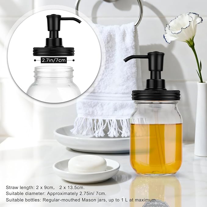 Plastic Soap Dispenser Set, 1.2CC Rustproof Pump and Lids for Regular Mouth Mason Jars, Quick Assemble Accessories for Farmhouse Kitchen Bathroom Counter Decor - 4 Pack Black
