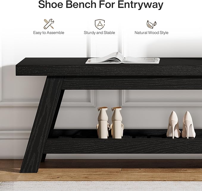Tribesigns Wood Black 2-Tier Entryway Bench with Shoe Storage, 55" Large Narrow Hallway Foyer Seating Bench with Open Shelves for Entryway, Bedroom, Mudroom