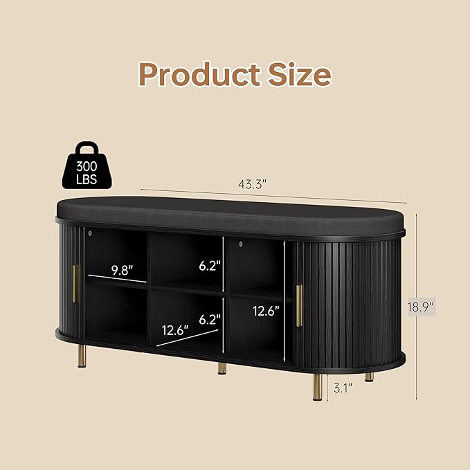 DHH 2-Tier Storage Bench, 43.3" Wide Shoe Bench with Thickened Padded Seat Cushion, Mid Century Modern Fluted Sliding Door and Adjustable Shelf, for Entryway, Living Room, Bedroom(Black)