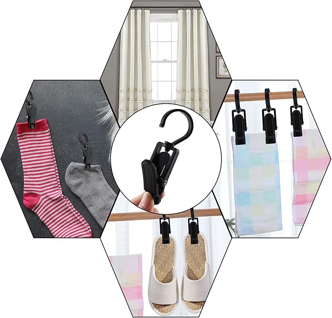 20 PCS Laundry Hooks, Plastic Clothes Pins, Super Strong Hanger Clips, Swivel Hooks for Clothing Store, Home Office & Workshop, Black
