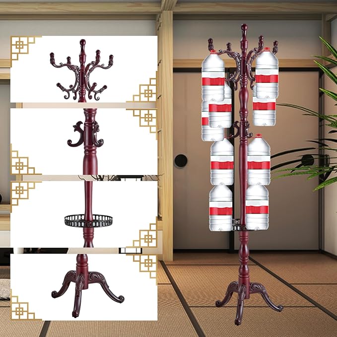 Coat Rack Freestanding, Wooden Tree Coat Rack Stand with 3 Adjustable Sizes Coat Tree and 14 Hooks, Sturdy Hall Tree with Solid Round Base for Entryway, Hallway,Bedroom (Reddish Tray)