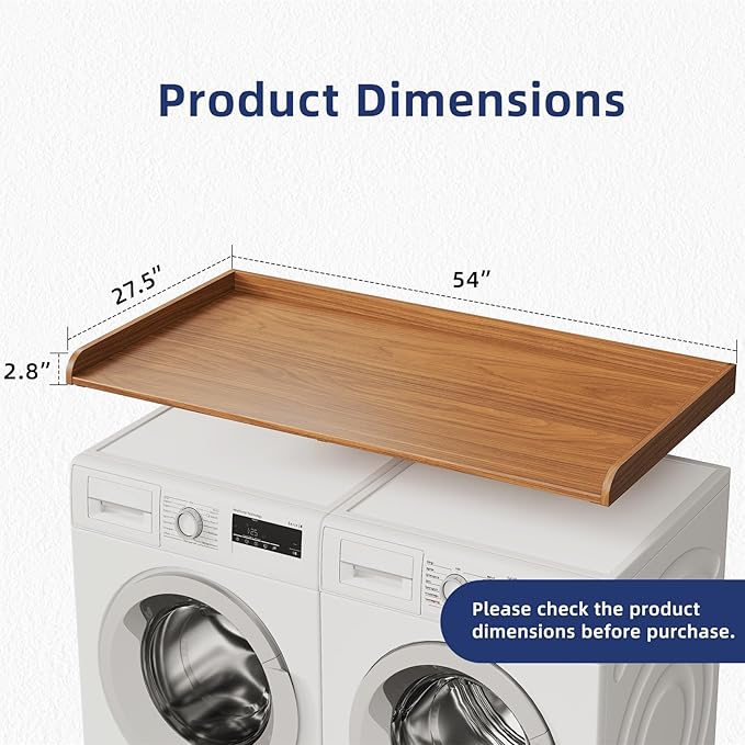 Washer Dryer Countertop, 54" Width x 27.5" Depth Laundry Countertop Organization, Wooden Washer and Dryer Topper for Folding, Sorting & Ironing, Easy to Install, Walnut
