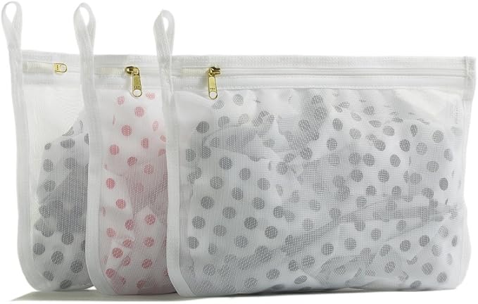 TENRAI Delicates Laundry Bags, Bra Fine Mesh Wash Bag for Underwear, Lingerie, Bra, Pantyhose, Socks, Use YKK Zipper, Have Hanger Loops, Small Openings (White, 3 Small)