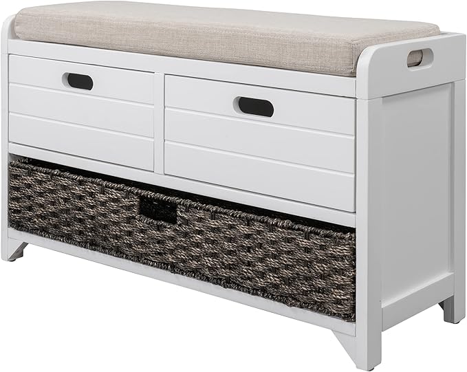 SOFTSEA Storage Bench with Drawers and Basket, Farmhouse Shoe Bench with Seating and Cushion for Hallway Entryway Living Room, Full Assembled (White Wash-2 Drawers)