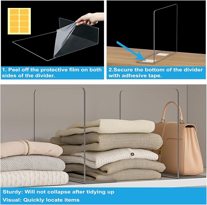 OKPOW Shelf Dividers Closet Organizer - 12" Tall X 9" Deep Acrylic Clear Sturdy Separate for Clothes Purse - Adjustable Space Saver Easy Install for Home Organization Enthusiasts 8 Pack