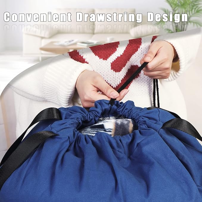 Sanlykate Large Canvas Cotton Laundry Bag with Drawstring & Handles, Heavy Duty Durable Dirty Clothes Organizer, Tear Resistant Hamper Liner Storage Bag, Travel Sack, 25.5 x 34inch - Cyanotic