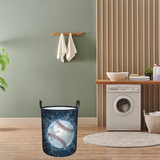 Dujiea Baseball Laundry Basket Round with Handle, Collapsible Foldable Canvas Storage Bin Dirty Clothes Bag for Laundry/Toys Organizer/College Dorm/Nursery/Decor(2 Sizes)