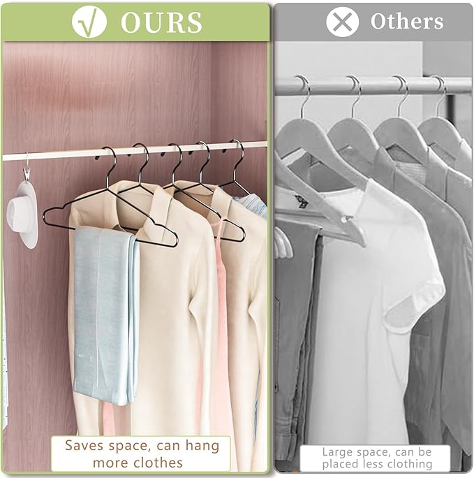 60Pack+10 Clips Luxurious Hanger Set ，16.69" Heavy Duty Matte Black Metal HangersWithstands 50lbs Weight Smooth Powder Coated Finish Compact Shirt Hangers