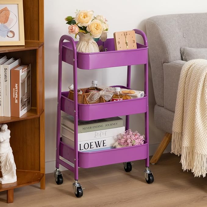 AGTEK 3 Tier Utility Rolling Cart with Lockable Wheels, Metal Multifunctional Storage, Organizer Cart for Kitchen, Office, Living Room, Makeup, Craft, Art Studio, Violet
