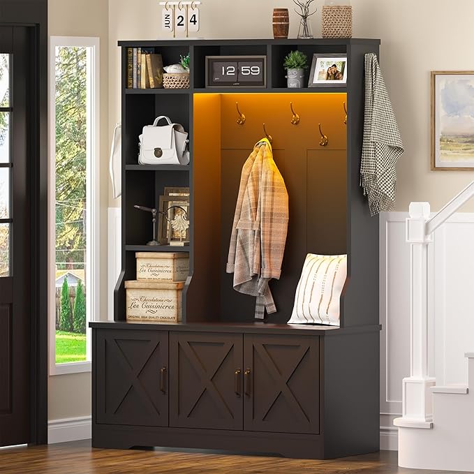 Hall Tree with Bench and Shoe Storage, Farmhouse Entryway Bench with Coat Racks and Led Lights, Black Tall Hall Tree with 7 Coat Hooks, 6 Storage Cubbies, Adjustable Shelf