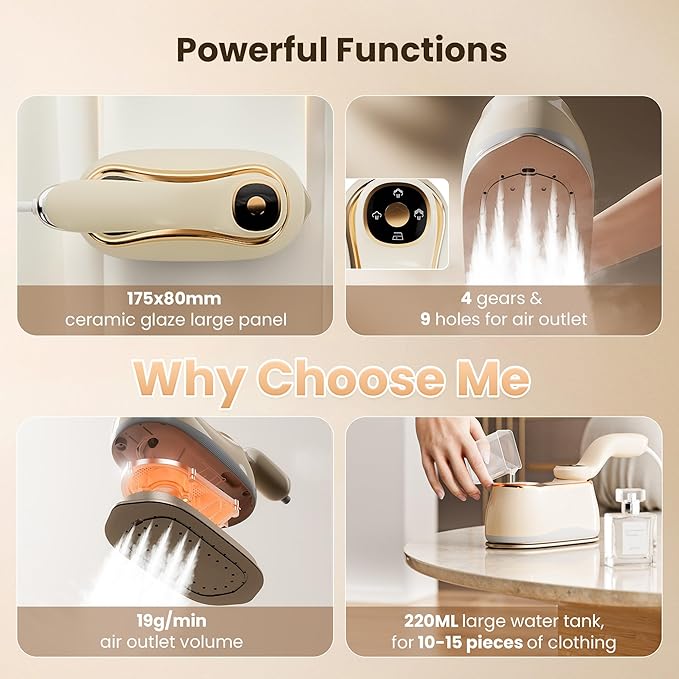 Portable Clothes Steamer 175x80mm Ceramic Glaze Panel Iron LCD 220ml Water Tank 1200W&15s Fast Heat Up 4-speed Steamer for Clothes of all Fabrics Dry&Wet Iron for Home Travel Business Trip